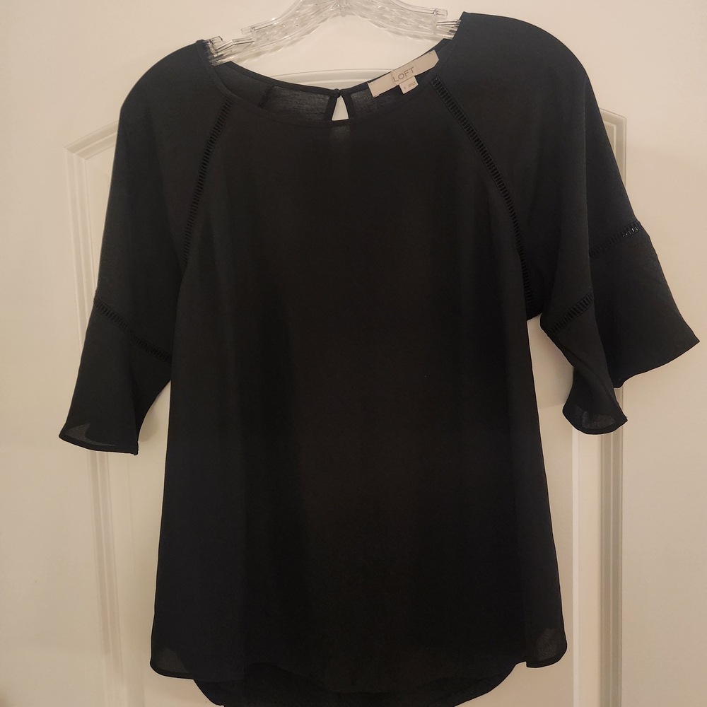 Loft, Black Flutter Sleeve Blouse, Size S